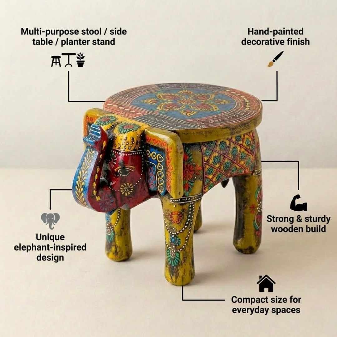 Mehendi Green Handpainted Wooden Elephant Stool