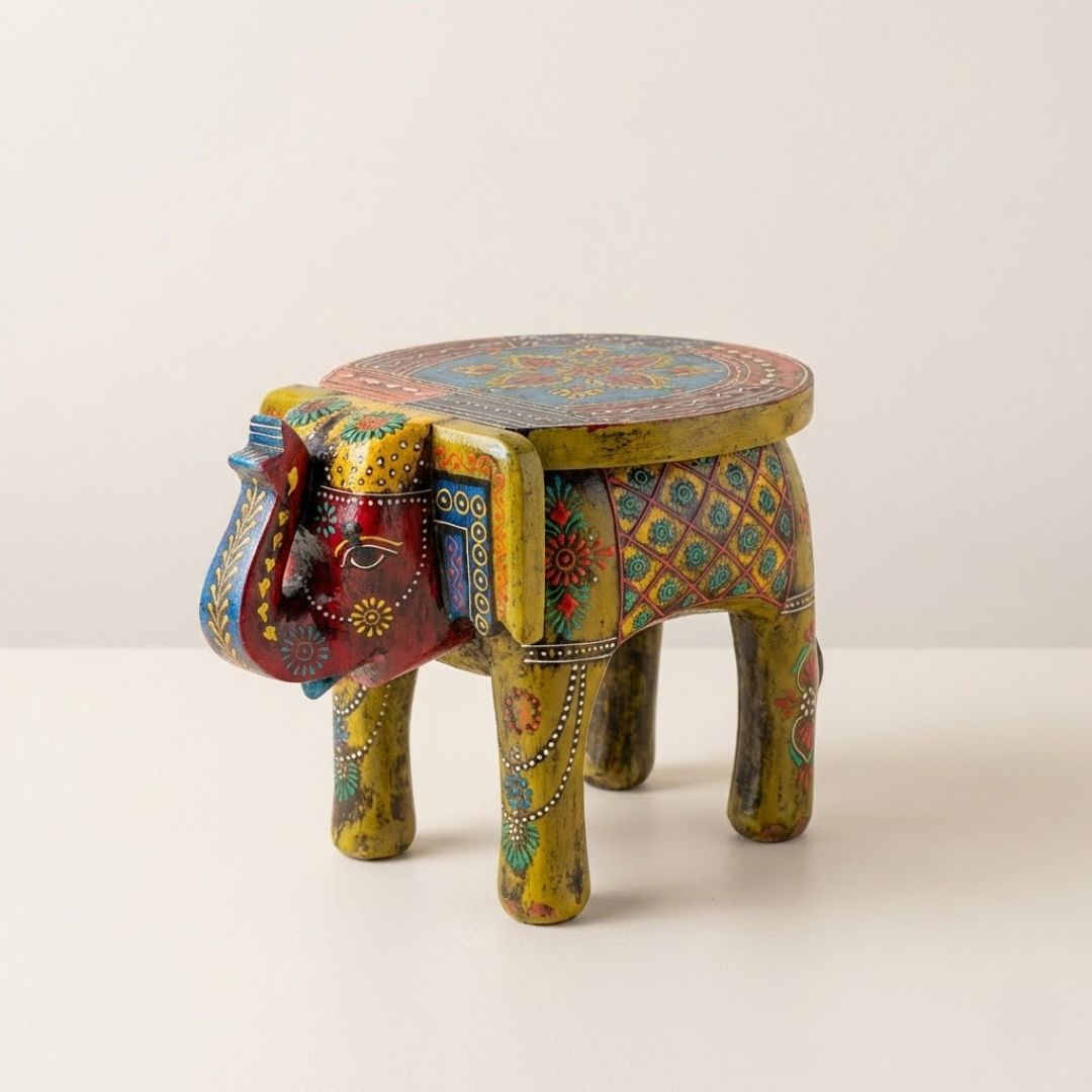 Mehendi Green Handpainted Wooden Elephant Stool