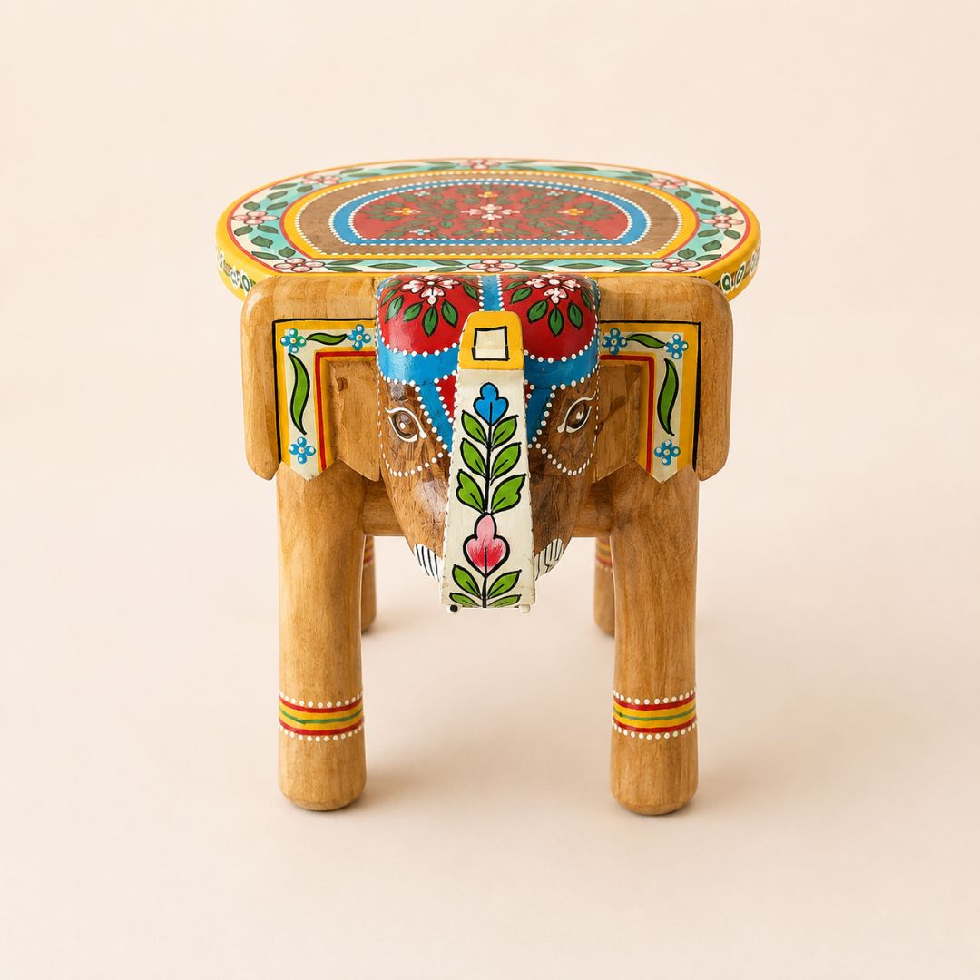 Natural Handpainted Wooden Elephant Stool