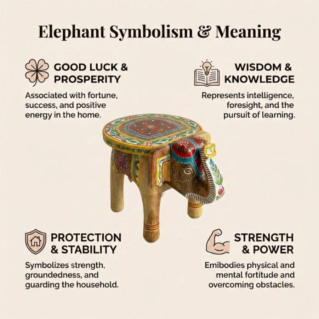 Natural Handpainted Wooden Elephant Stool