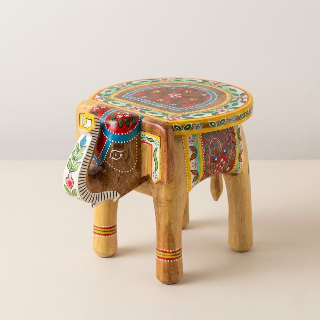 Natural Handpainted Wooden Elephant Stool