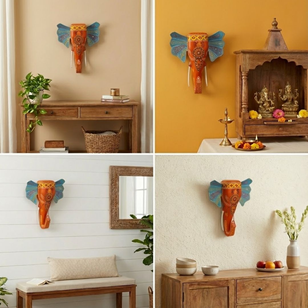 Orange Handpainted Elephant Wall Decor