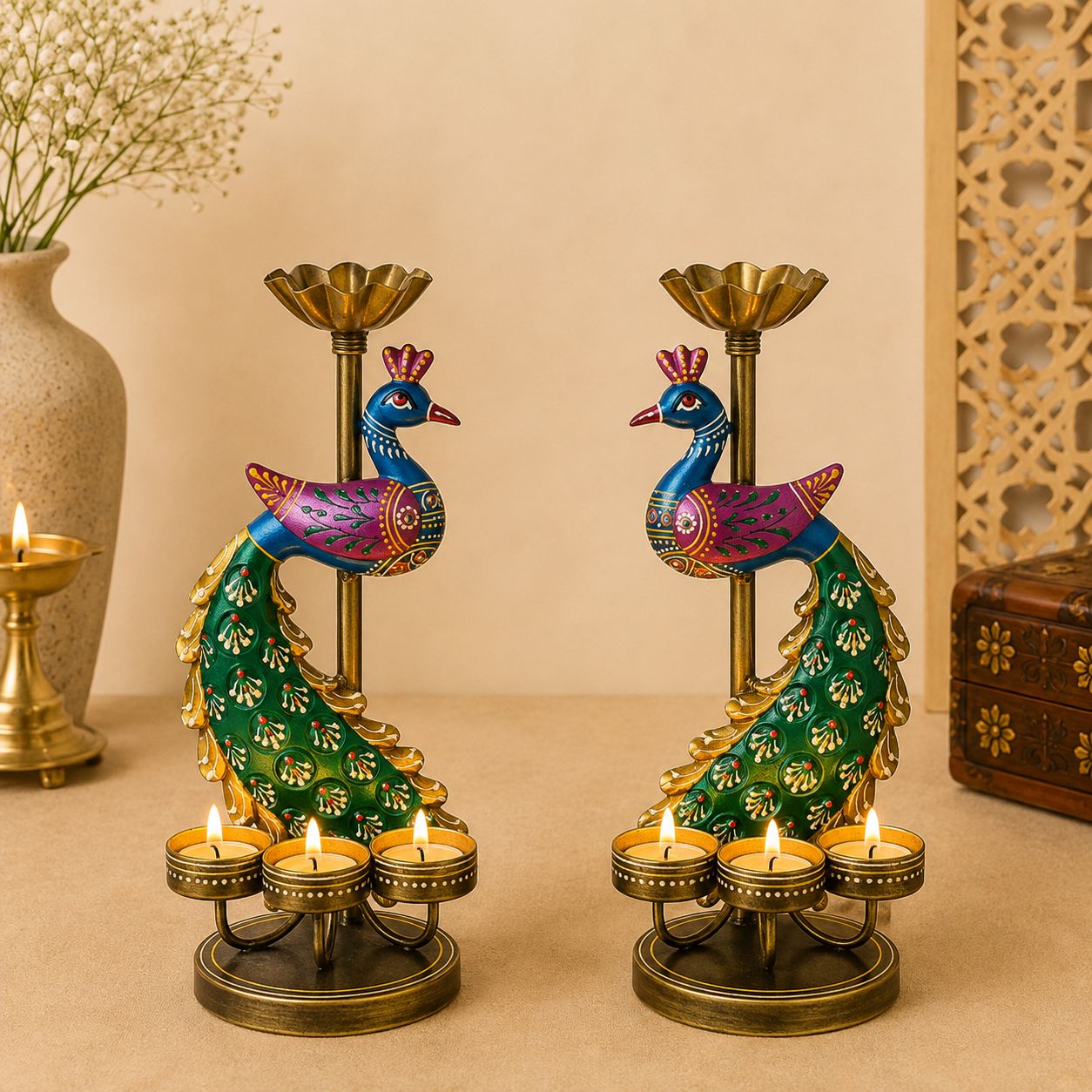 Peacock Iron Tealight Holder (Set Of 2)