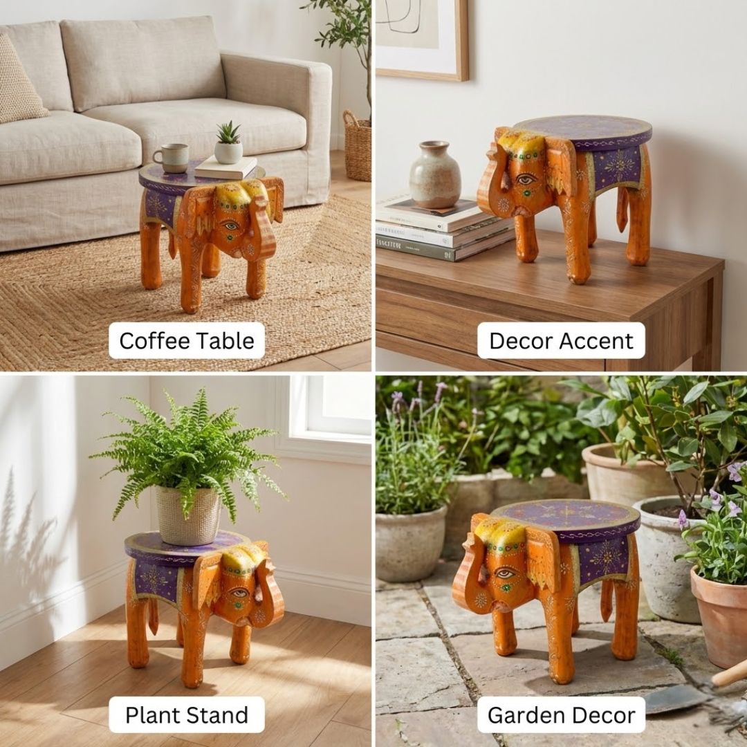 Purple Orange Handpainted Wooden Elephant Stool