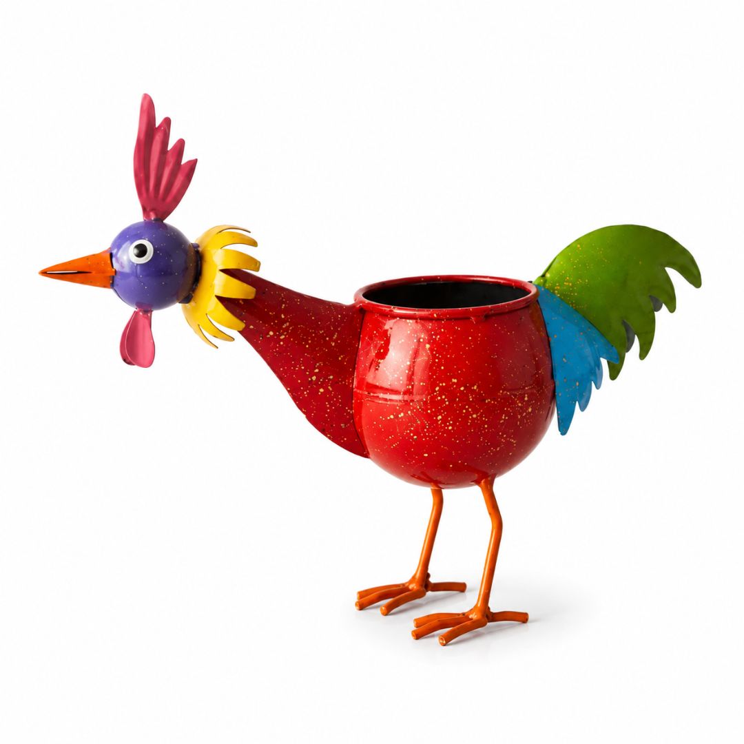 Rooster Bird Handpainted Metal Planter