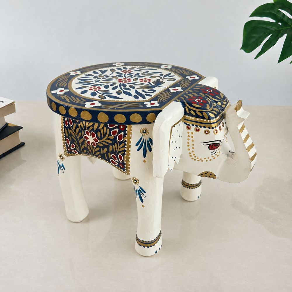 Royal Blue Handpainted Wooden Elephant Stool