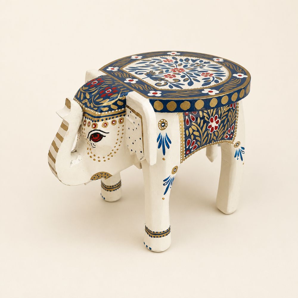 Royal Blue Handpainted Wooden Elephant Stool
