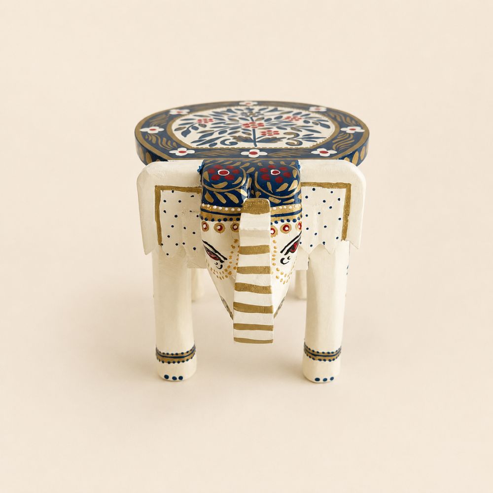 Royal Blue Handpainted Wooden Elephant Stool