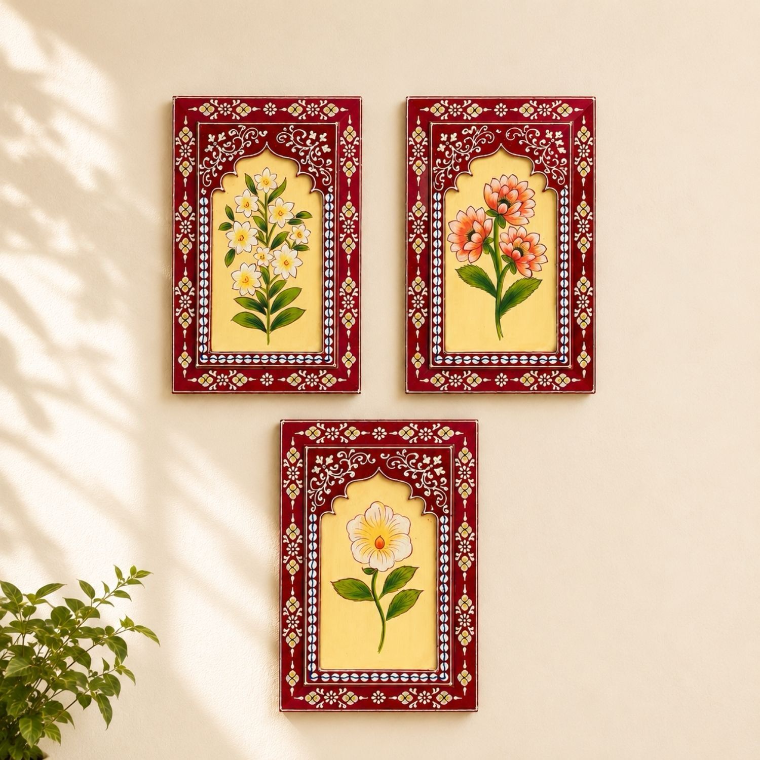 Ruby Bloom handpainted wooden wall frames set of 3 with floral artwork