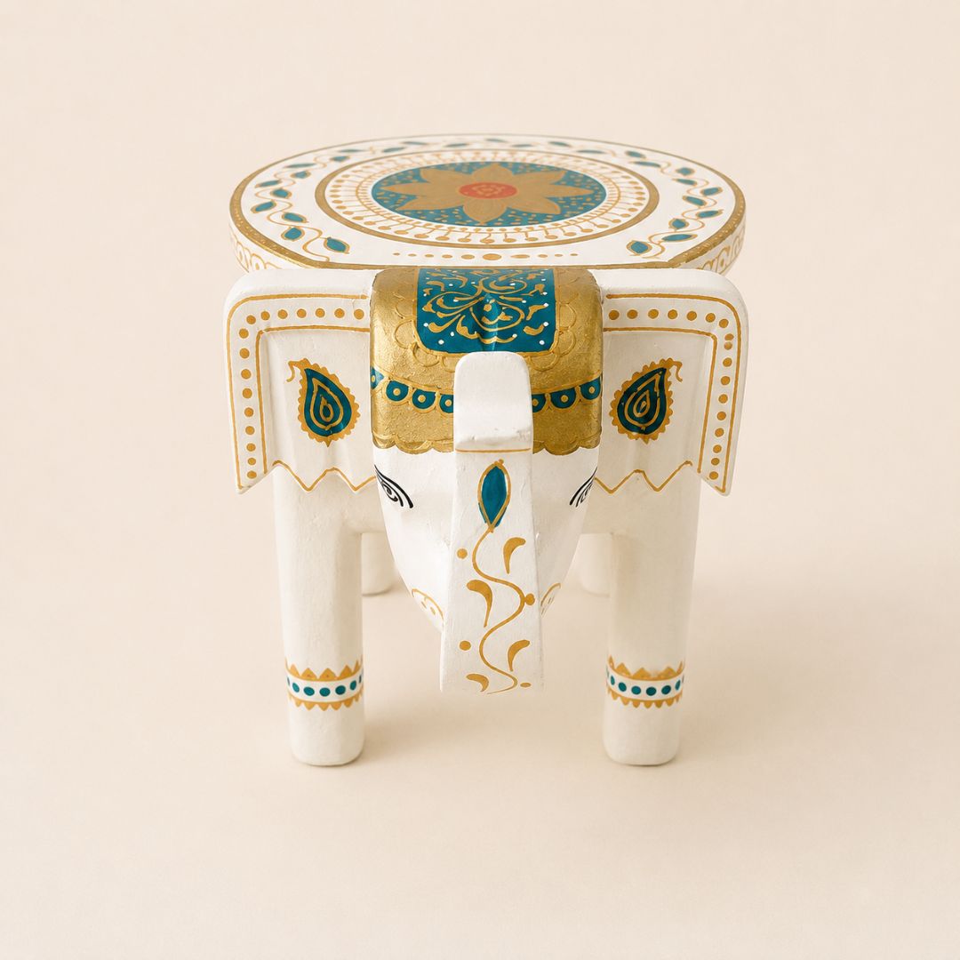 Classic White Handpainted Wooden Elephant Stool