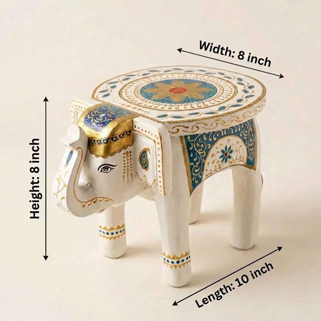 Classic White Handpainted Wooden Elephant Stool