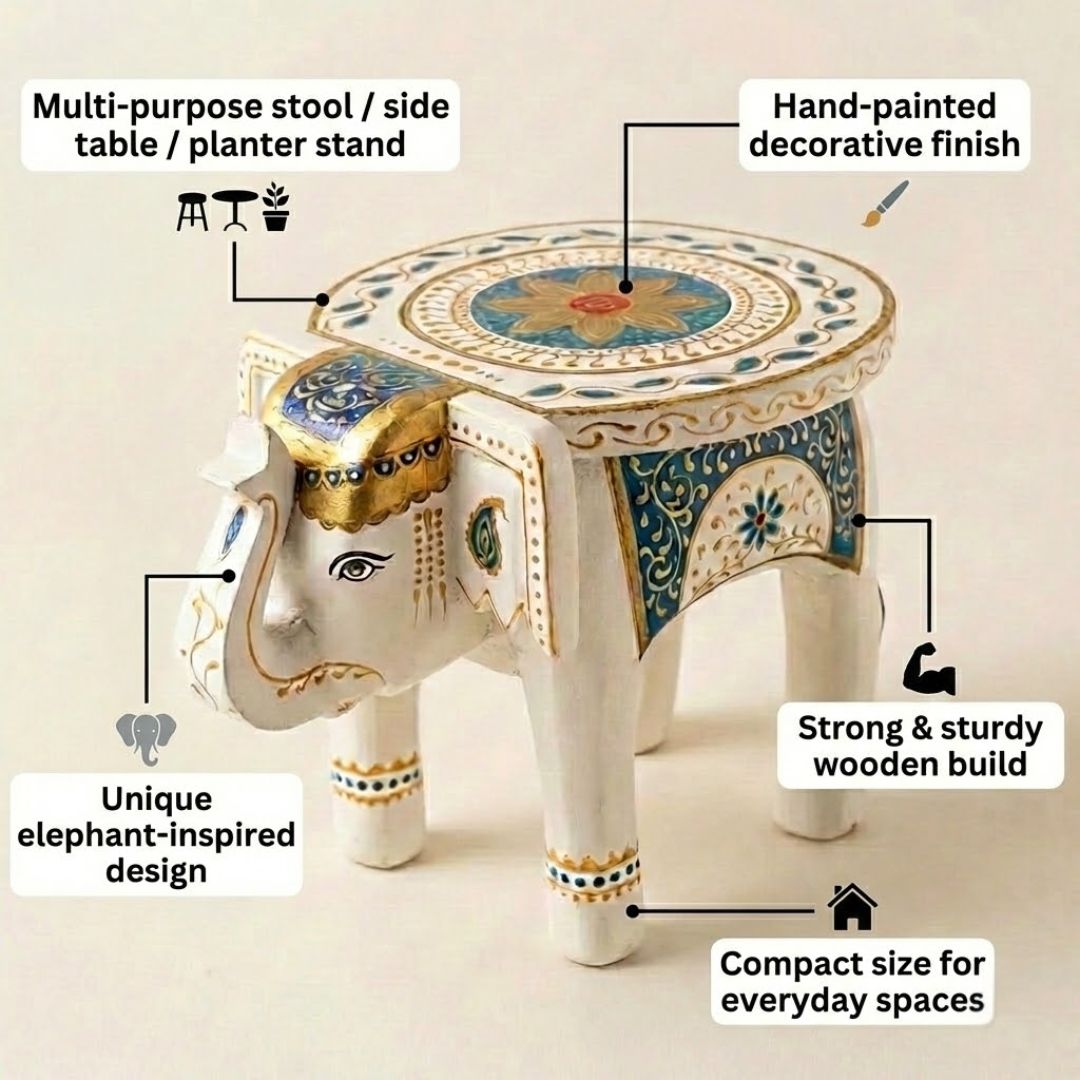Classic White Handpainted Wooden Elephant Stool