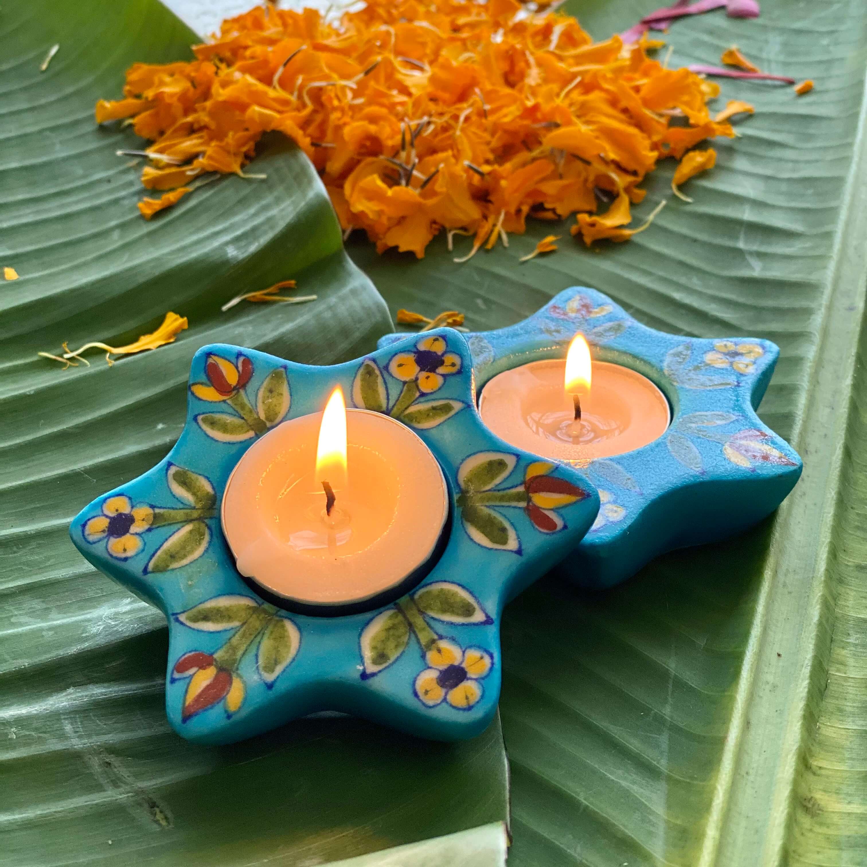 Atrangi Studio Lily Blue Pottery Candle Holder - Light Blue