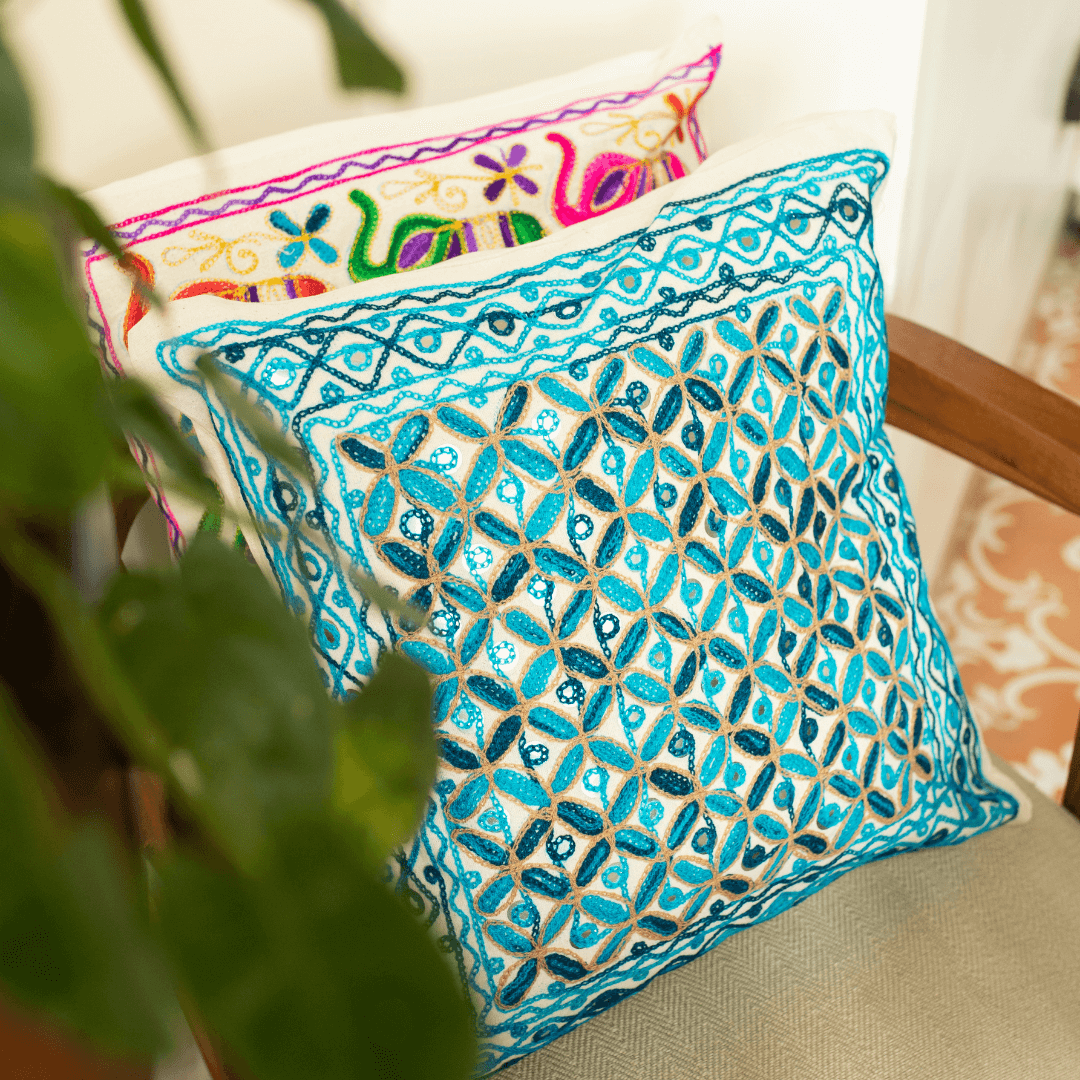 Shades Of Blue Aari Embroidery Cushion Cover (Set of 2)