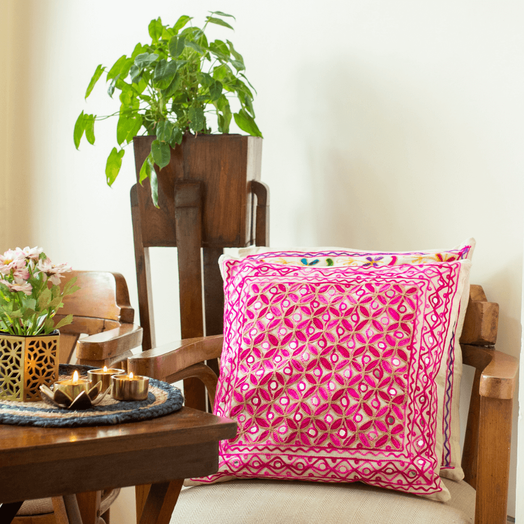 Shades Of Pink Aari Embroidery Cushion Cover (Set of 2)