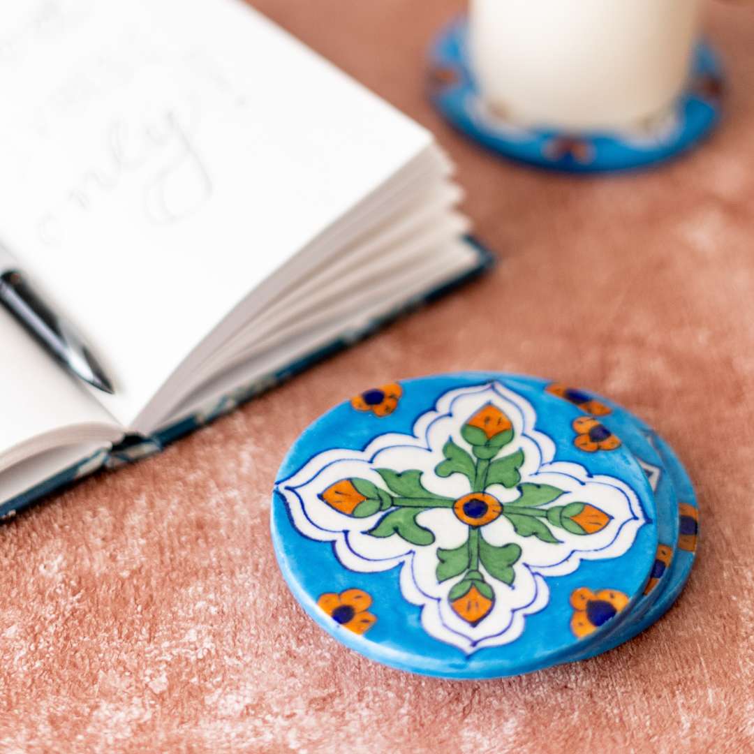 Assorted Blue Pottery Coaster (Set Of 6)