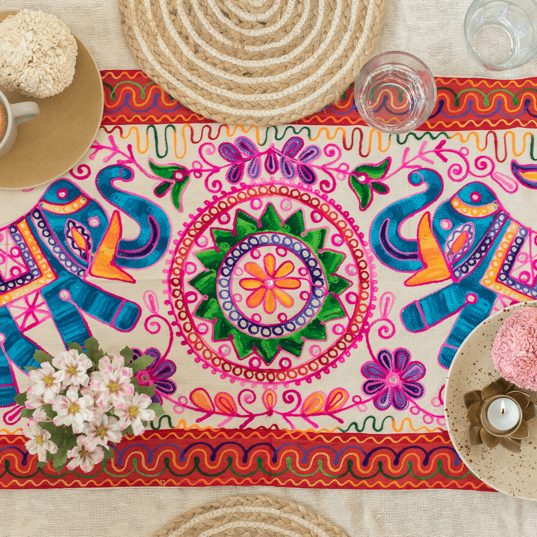 Atrangi Studio Elephant Ari Embroidery Table Runner India