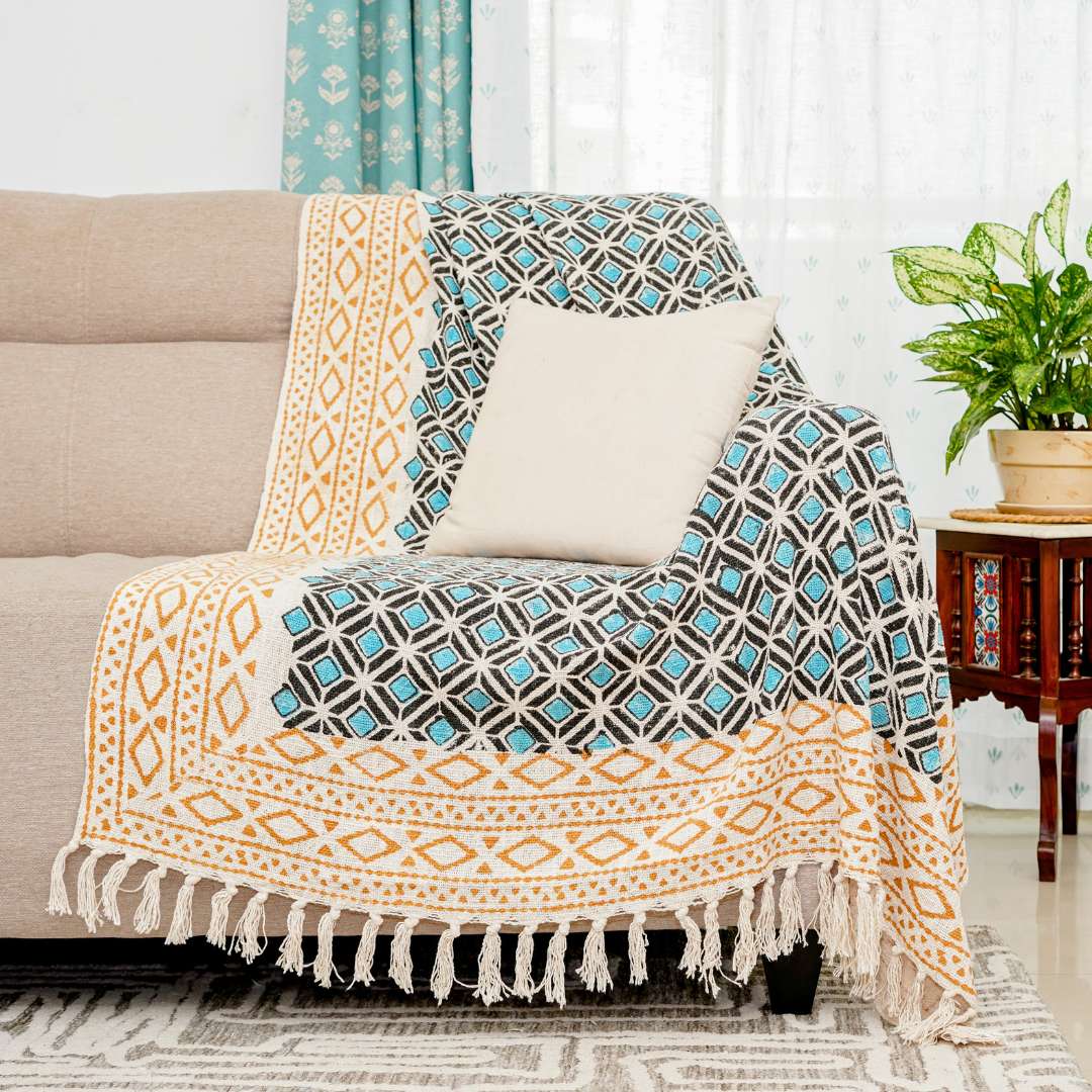 Atrangi Studio Teal Block Print Sofa Throw