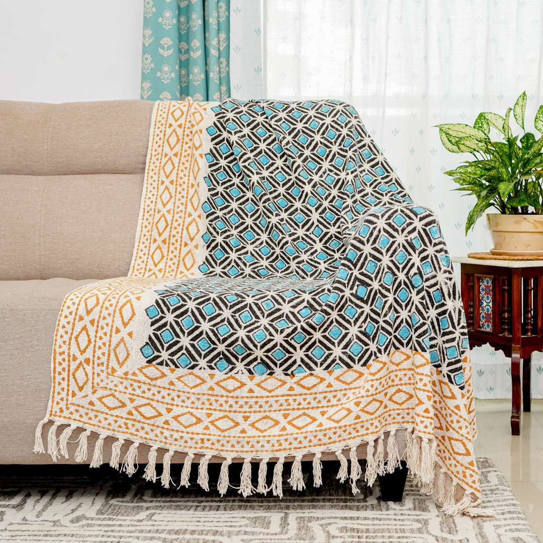 Atrangi Studio Teal Block Print Sofa Throw