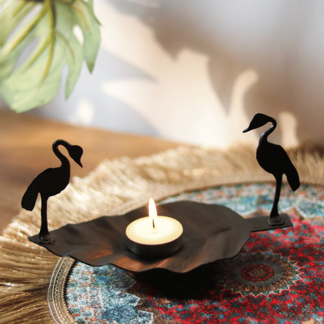 Atrangi Two Birds On A Leaf Wrought Iron Candle Holder