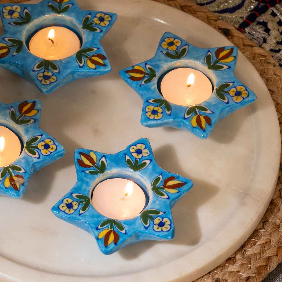 Assorted Blue Pottery Candle Holders (Set of 4)