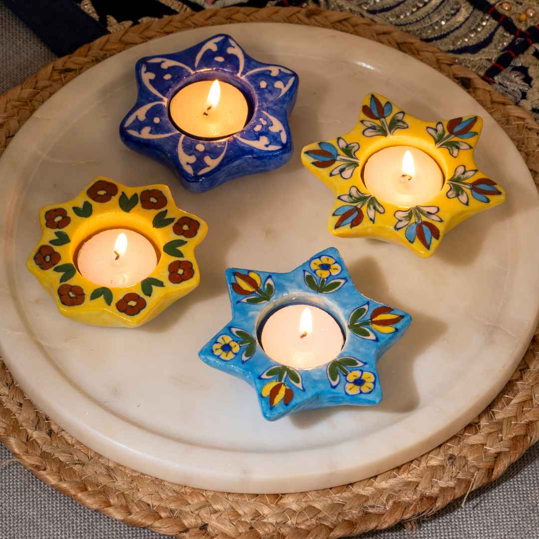 Assorted Blue Pottery Candle Holders (Set of 4)