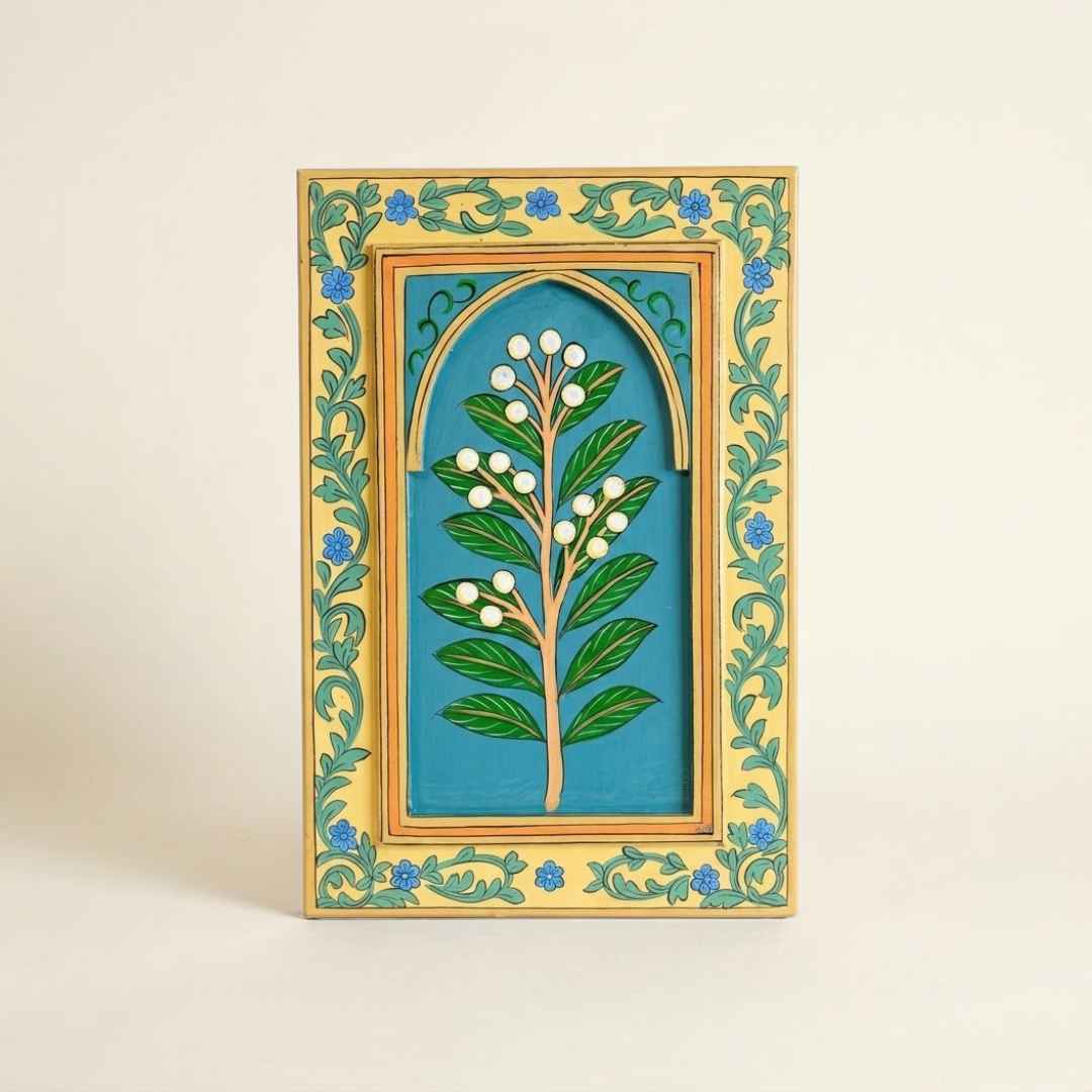Atrangi Studio Wooden wall frame - Motiphool teal handpainted wooden wall frame with botanical floral artwork