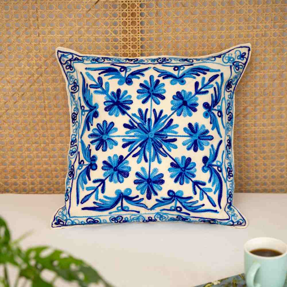 Blue Bliss Aari Embroidery Cushion Cover (Set of 2)