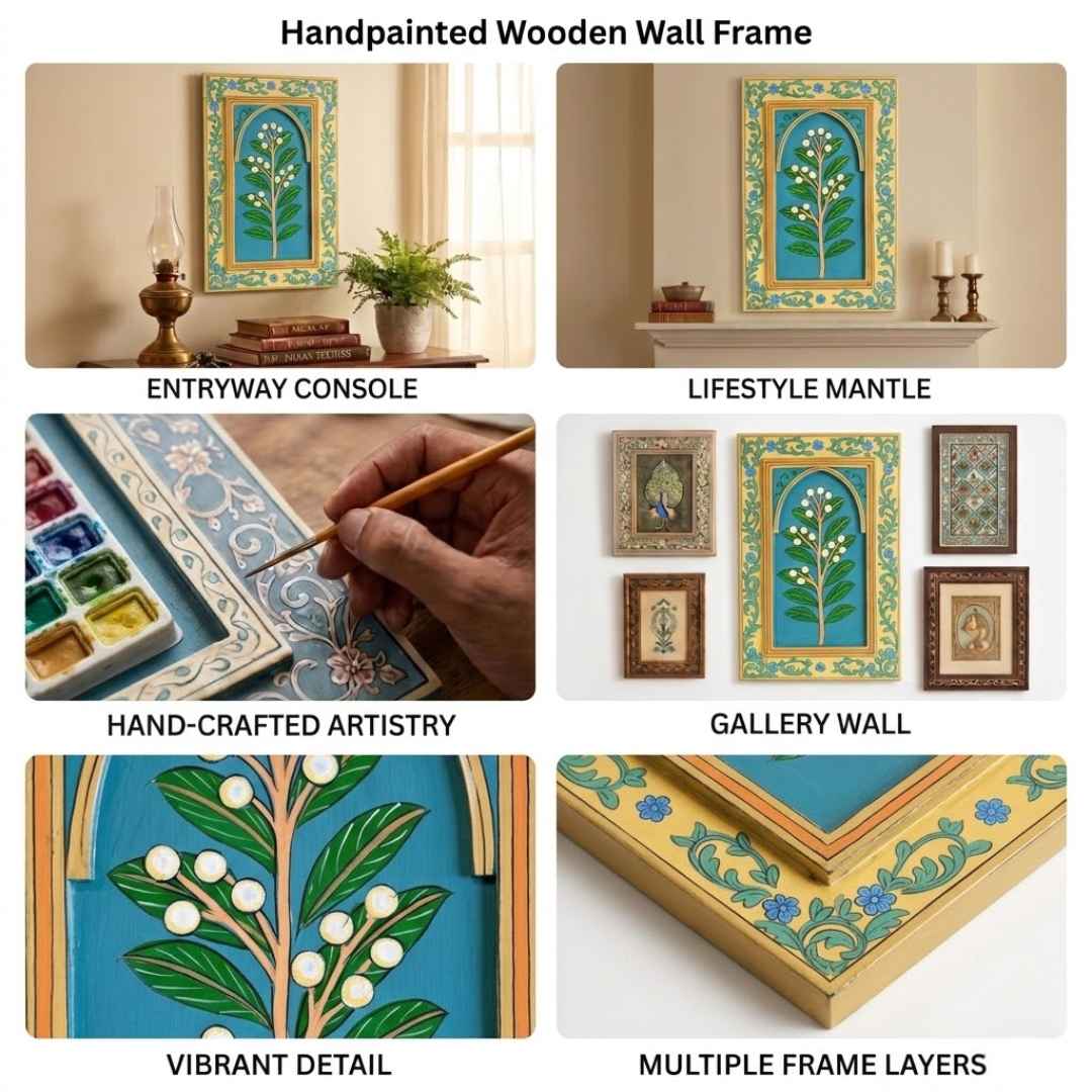 Atrangi Studio Wooden wall frame - Motiphool teal botanical handpainted wooden wall frame styling ideas and close ups