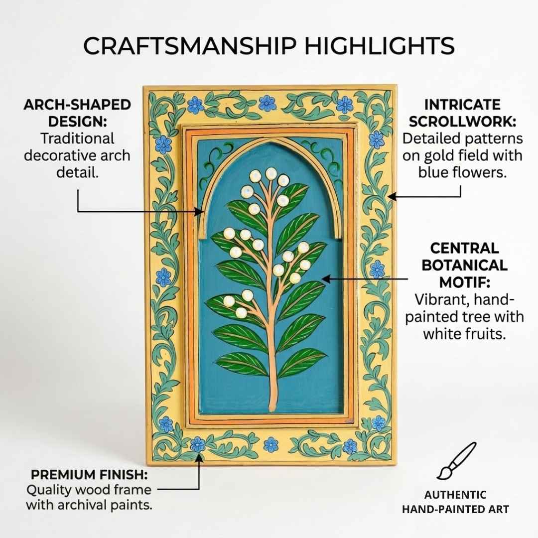 Atrangi Studio Wooden wall frame - Motiphool botanical wall frame highlighting handpainted details and arch design