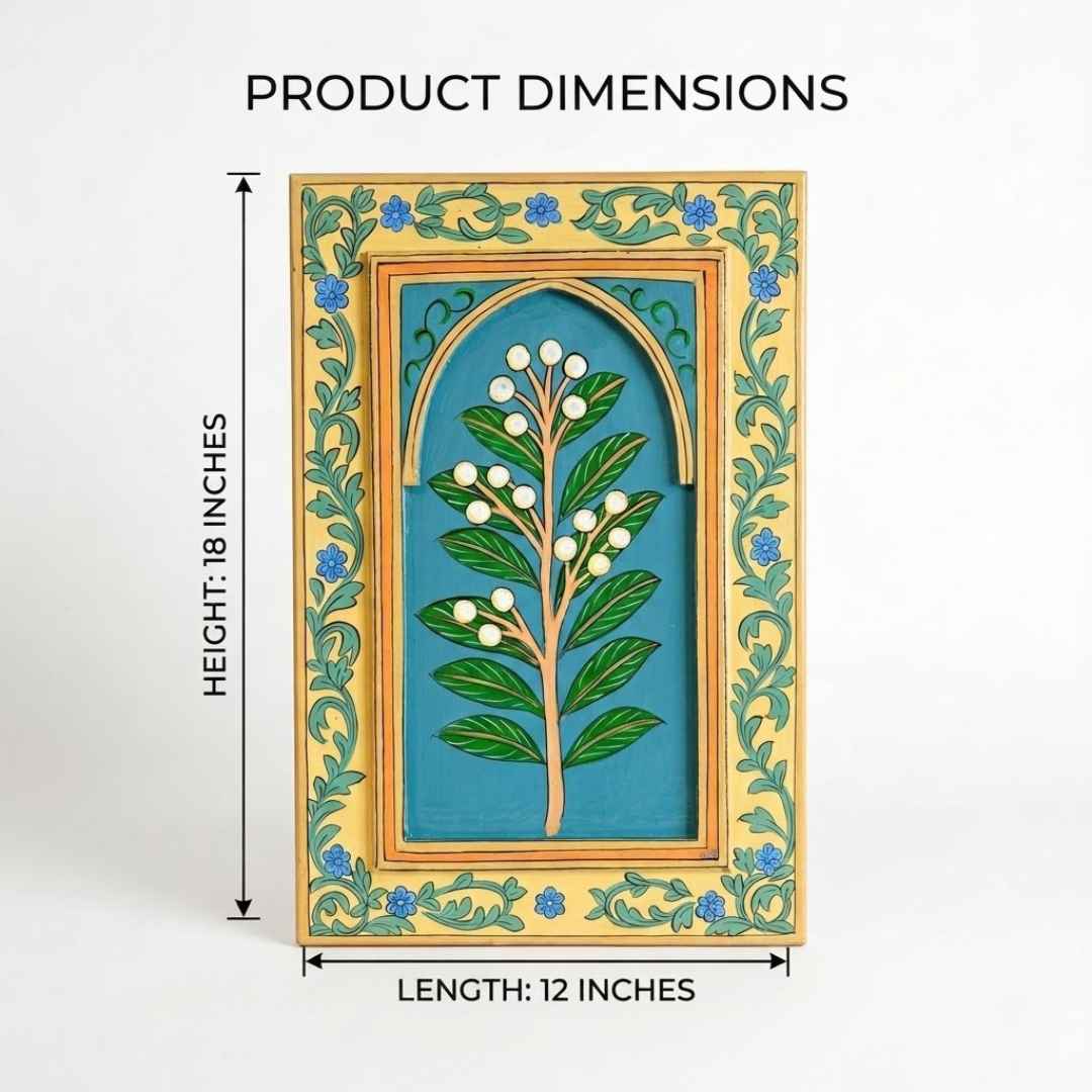 Atrangi Studio Wooden wall frame - Motiphool teal handpainted wooden frame showing 12 x 18 inch wall decor dimensions