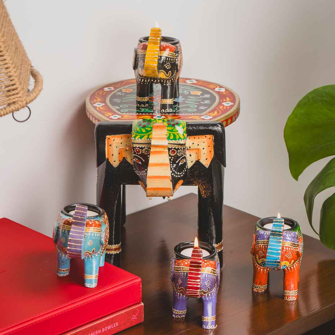 Black Colourful Decorative Elephant & Candle Holder Set