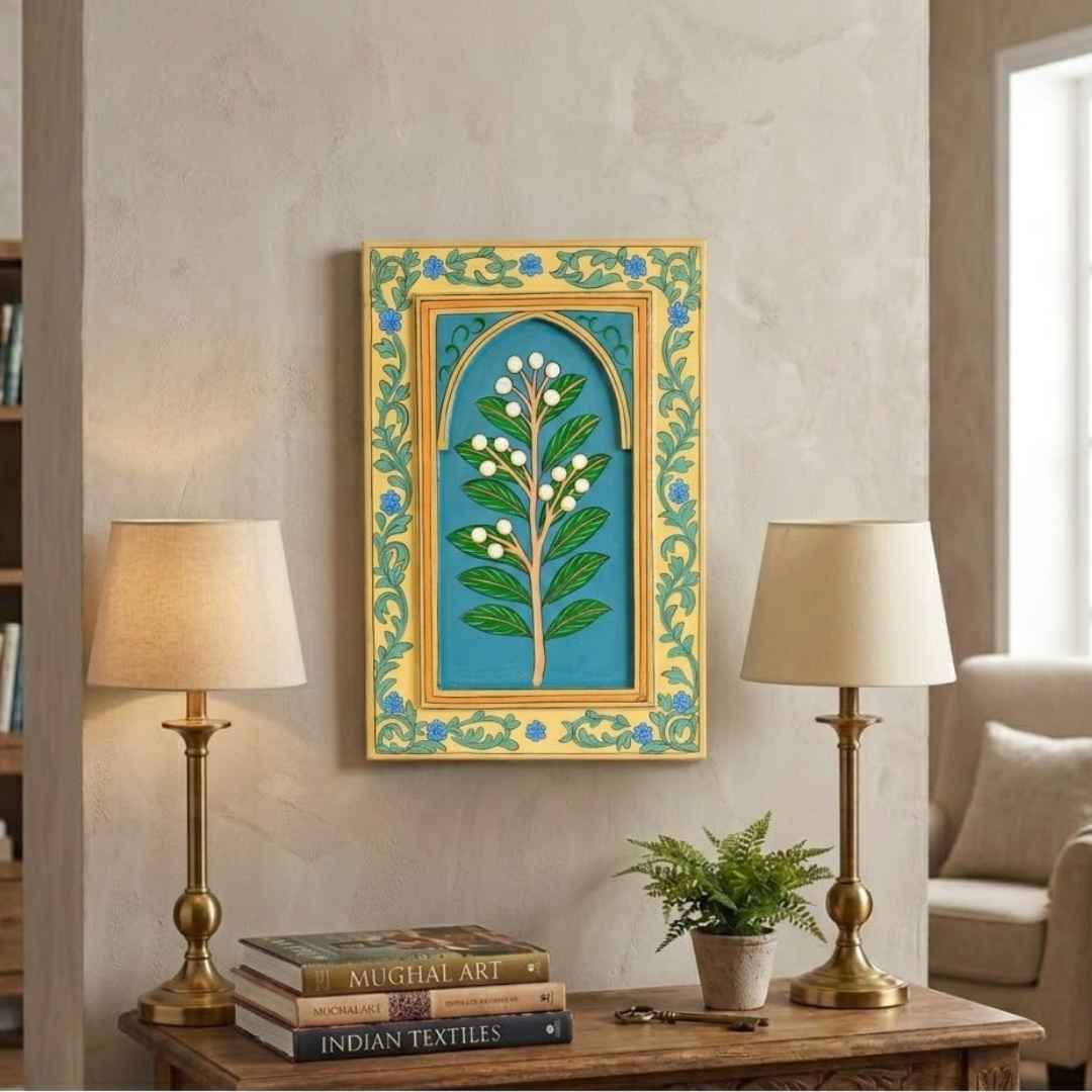 Atrangi Studio Wooden wall frame - Motiphool teal botanical handpainted wooden wall frame styled on console table