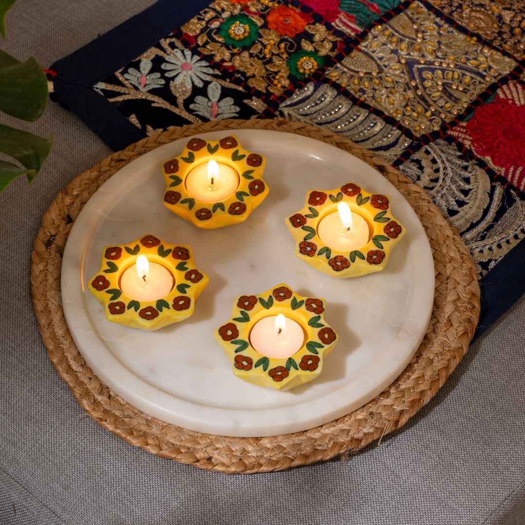 Marigold Blue Pottery Candle Holder - Yellow (Set Of 4)