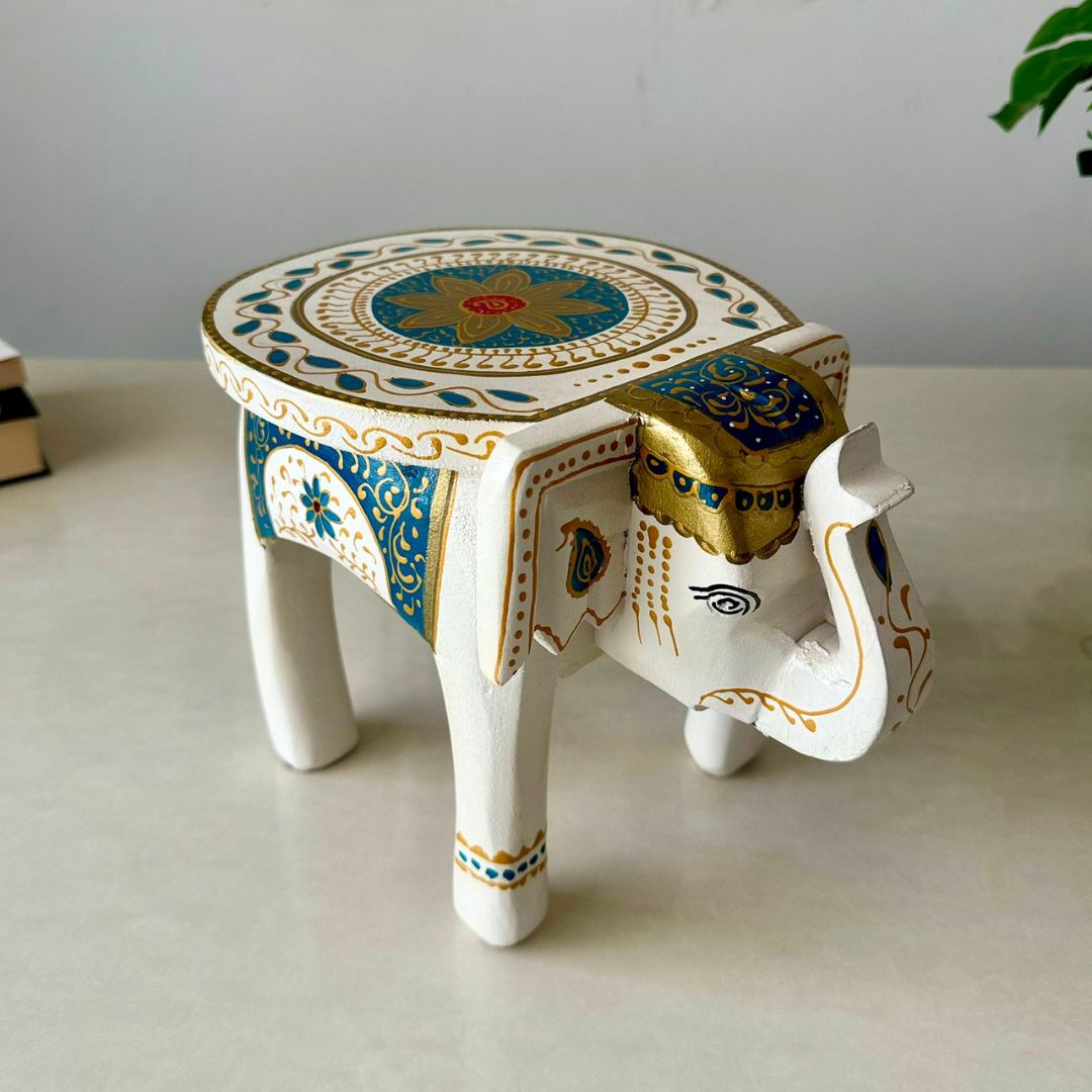 Decorative Set - White Elephant Stool with Assorted Candle Holders