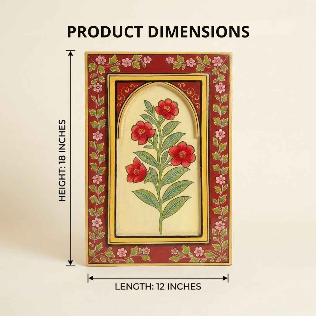 Atrangi Studio Wooden wall frame - Gulnar red handpainted wooden frame showing 12 x 18 inch wall decor dimensions