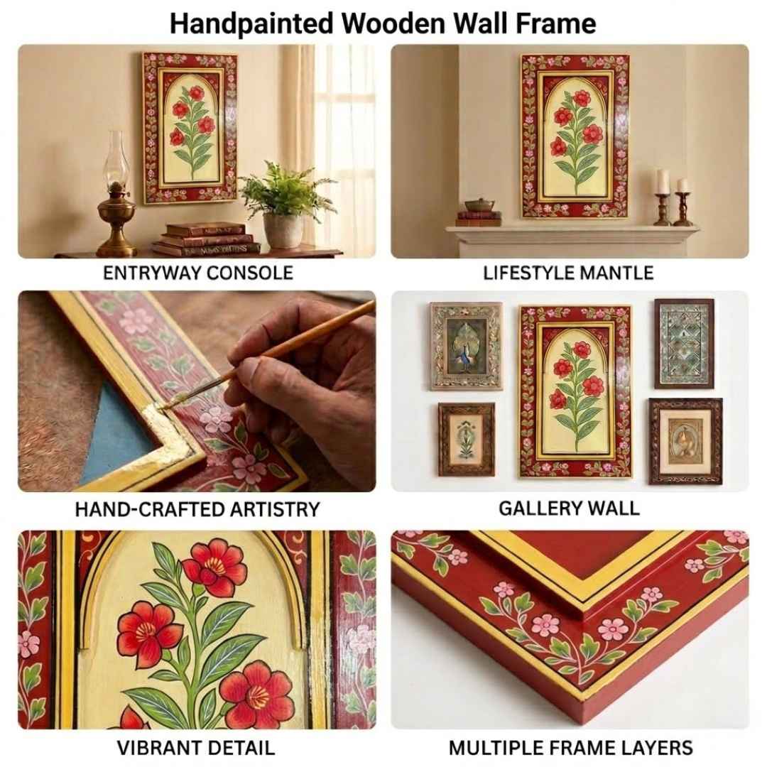 Atrangi Studio Wooden wall frame - Gulnar red floral handpainted wooden wall frame styling ideas and detail views