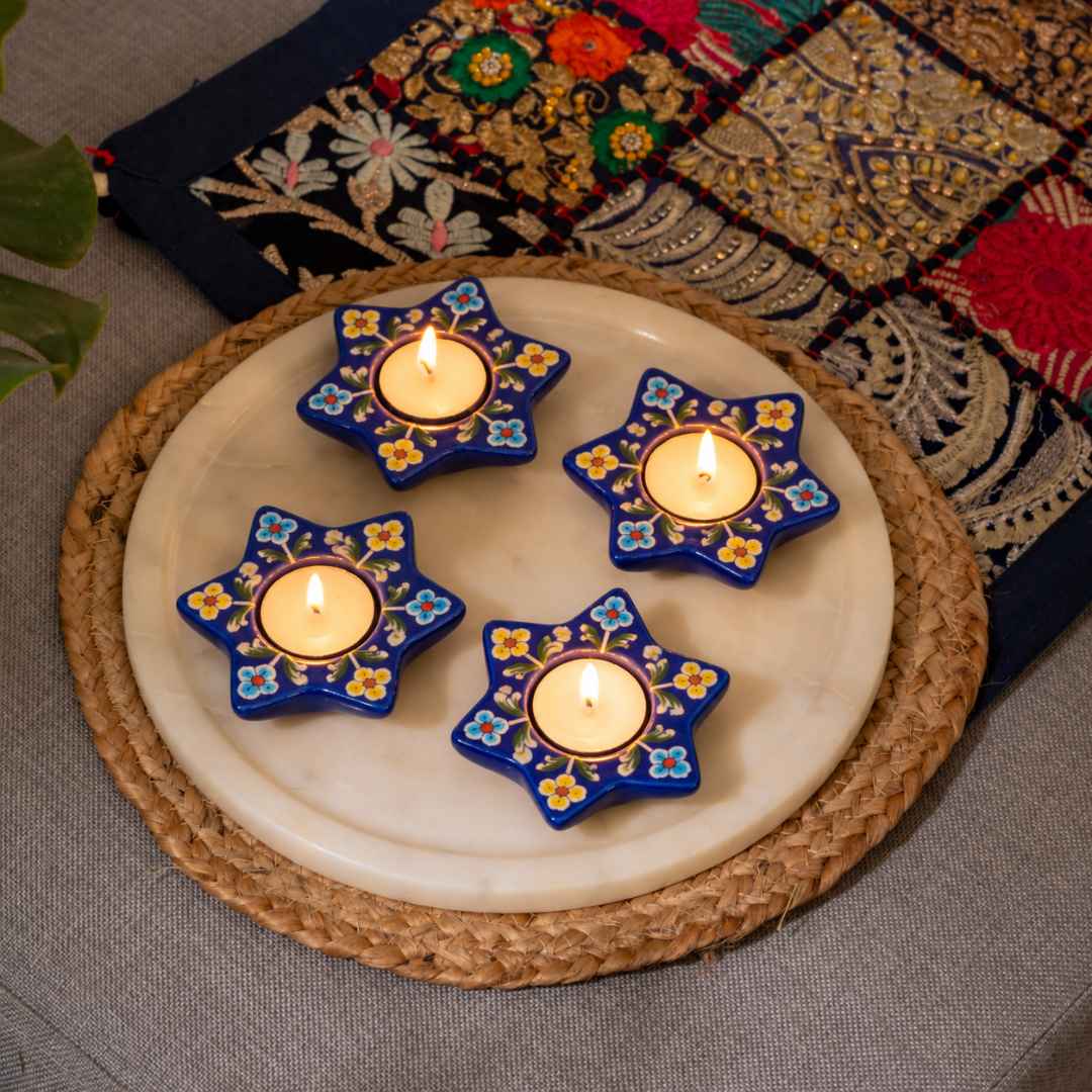 Peony Blue Pottery Candle Holder - Deep Blue (Set of 4)