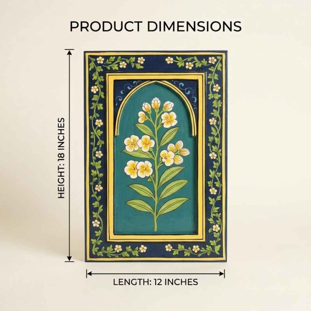 Atrangi Studio Wooden wall frame - Chameli indigo handpainted wooden frame showing 12 x 18 inch wall decor dimensions
