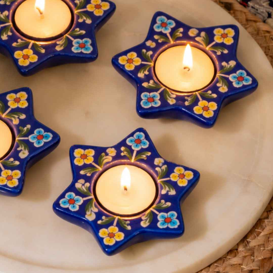 Peony Blue Pottery Candle Holder - Deep Blue (Set of 4)