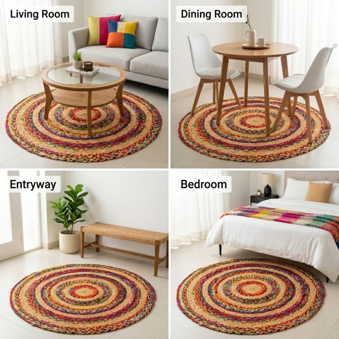 Multicolour Round Jute Rug