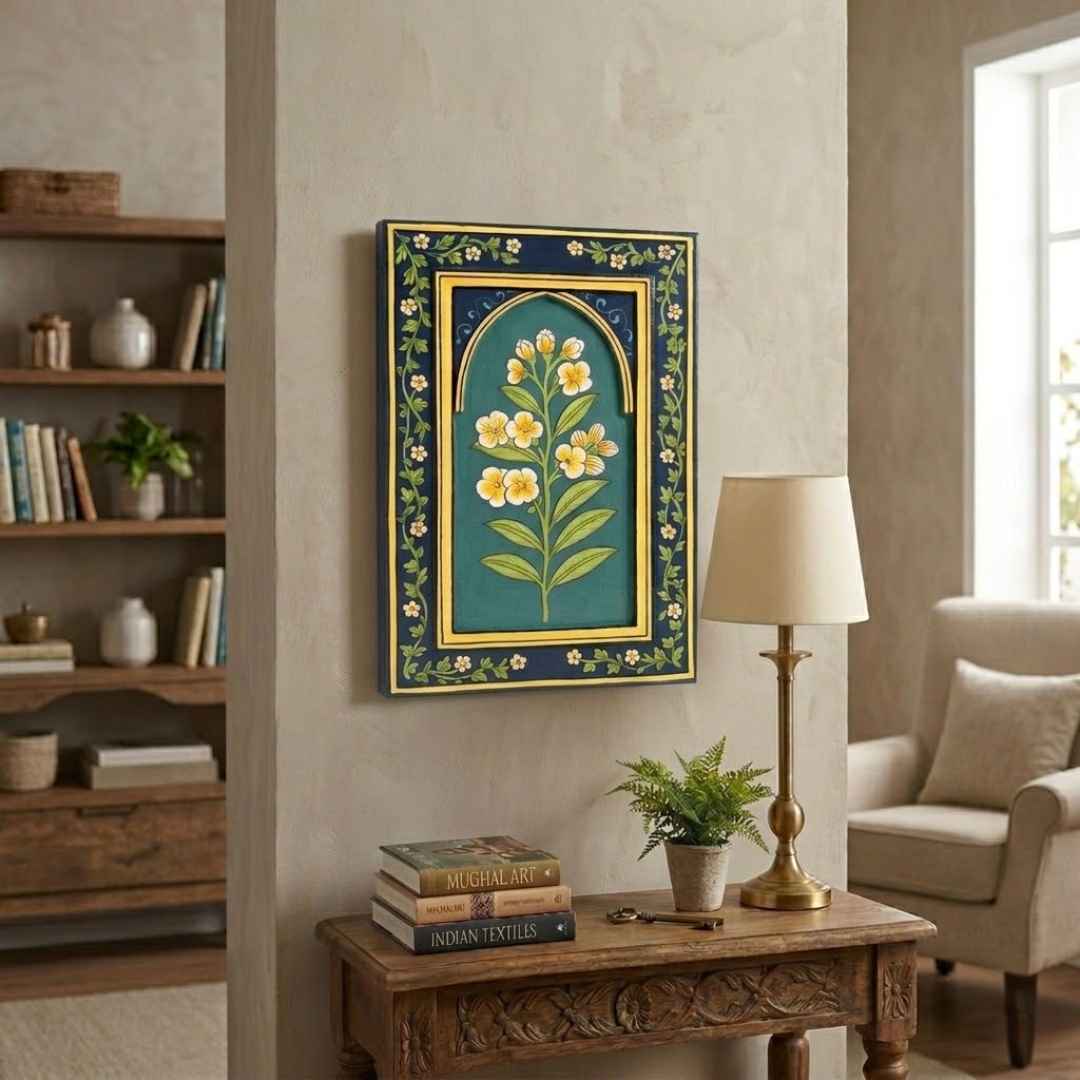 Atrangi Studio Wooden wall frame - Chameli indigo jasmine handpainted wooden wall frame styled on entryway console