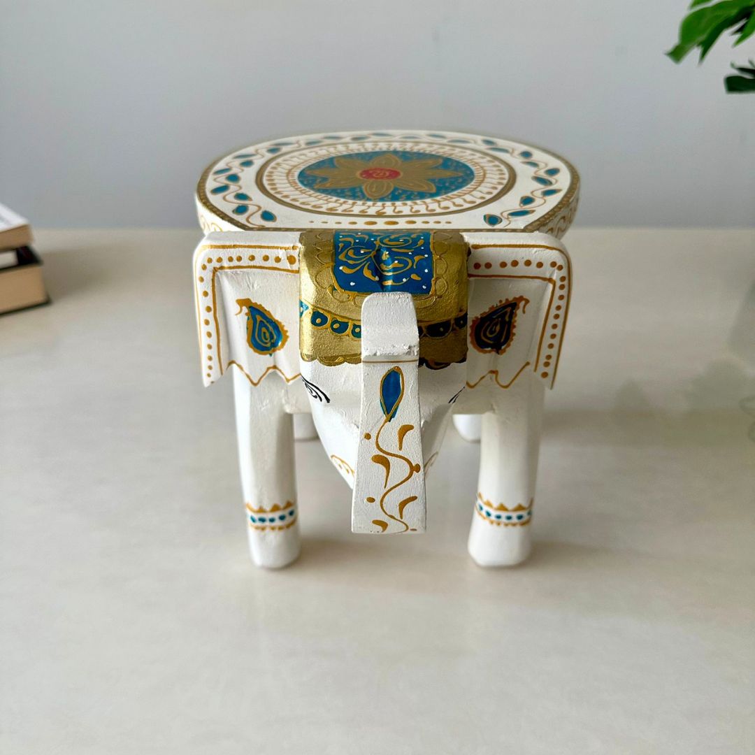 Classic White Handpainted Wooden Elephant Stool