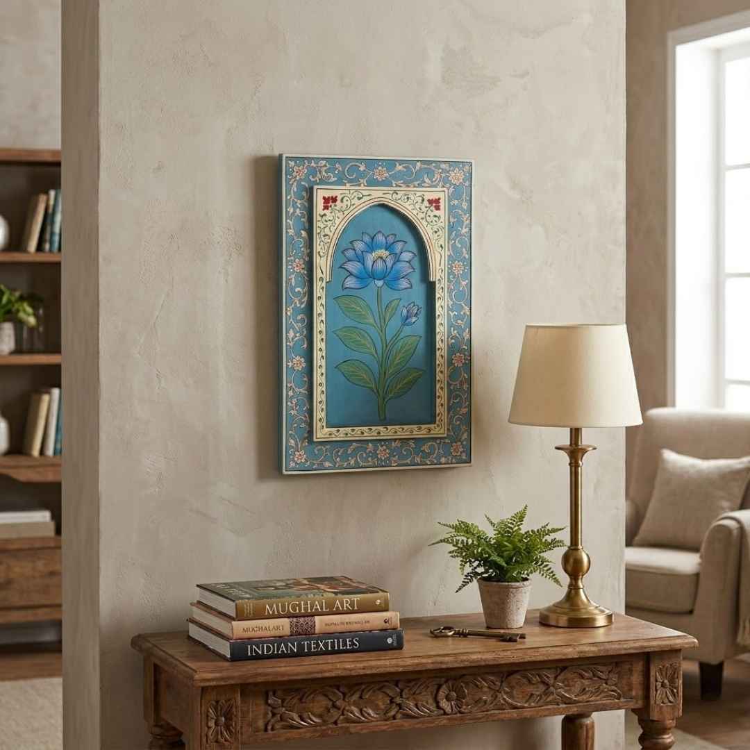 Atrangi Studio Wooden wall frame - Neelkamal blue lotus handpainted wooden wall frame styled on entryway console table