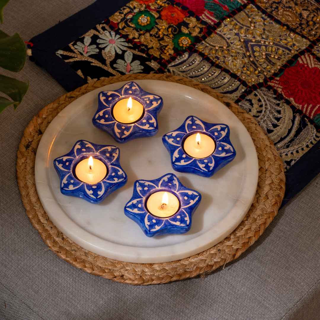 Atrangi Studio Jasmine Blue Pottery Candle Holder - Dark Blue