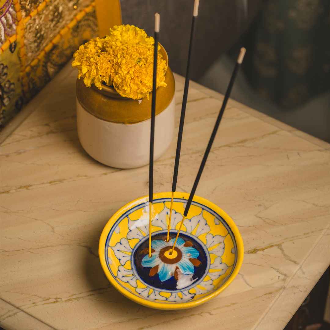 Blue Pottery Agarbatti Stand - Yellow