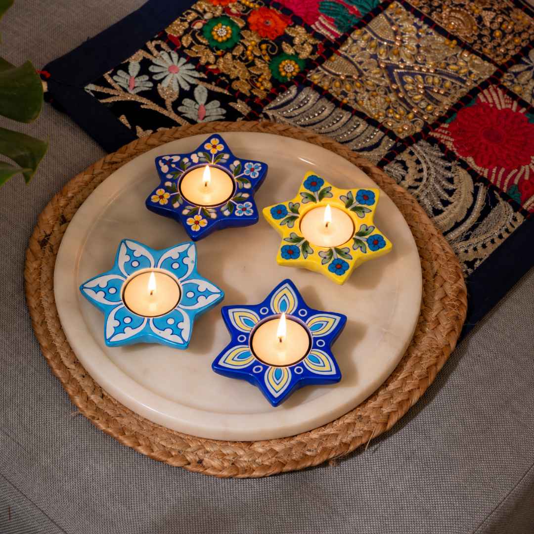 Assorted Blue Pottery Candle Holders (Set of 4)