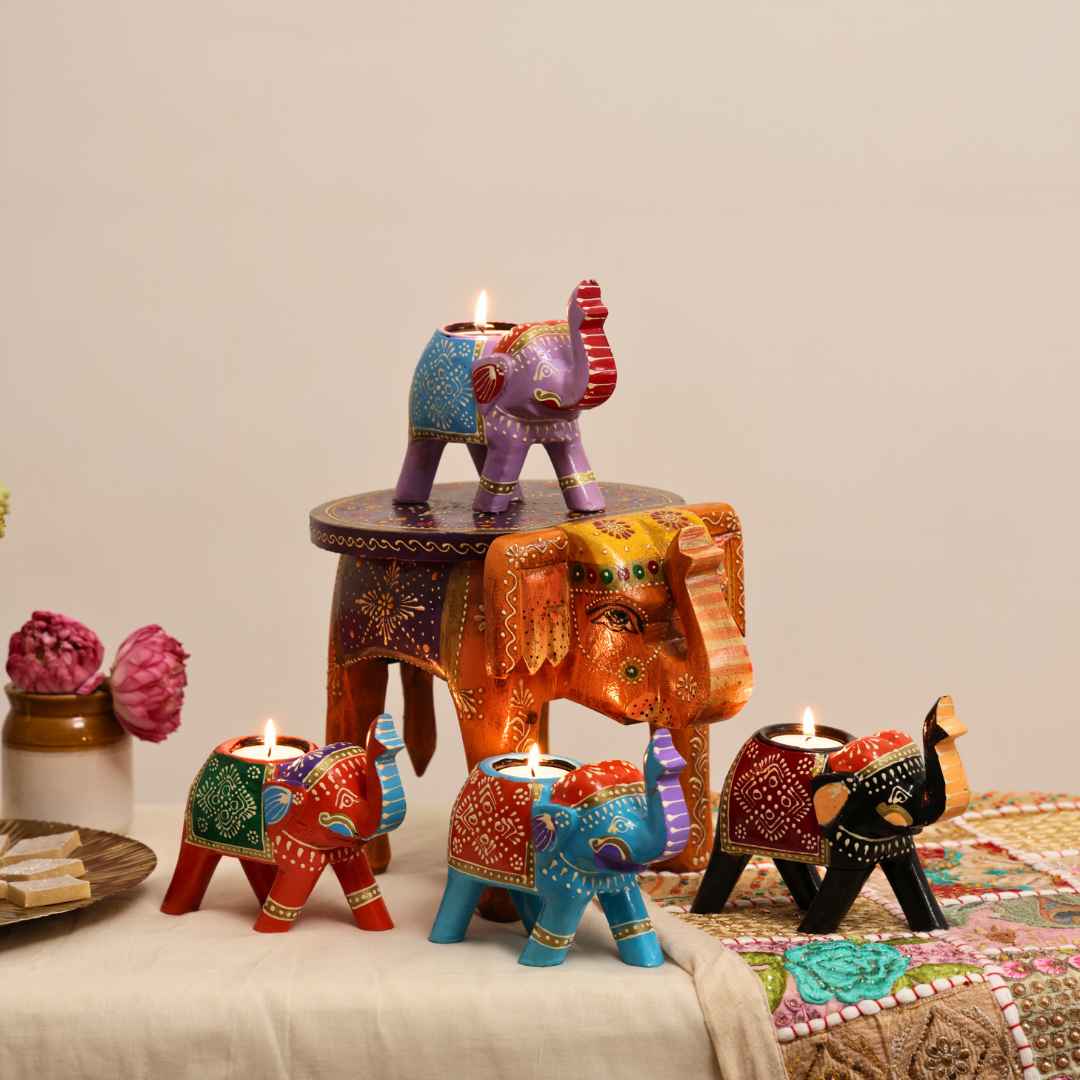Decorative Set - Orange Purple Elephant Stool with Assorted Candle Holders