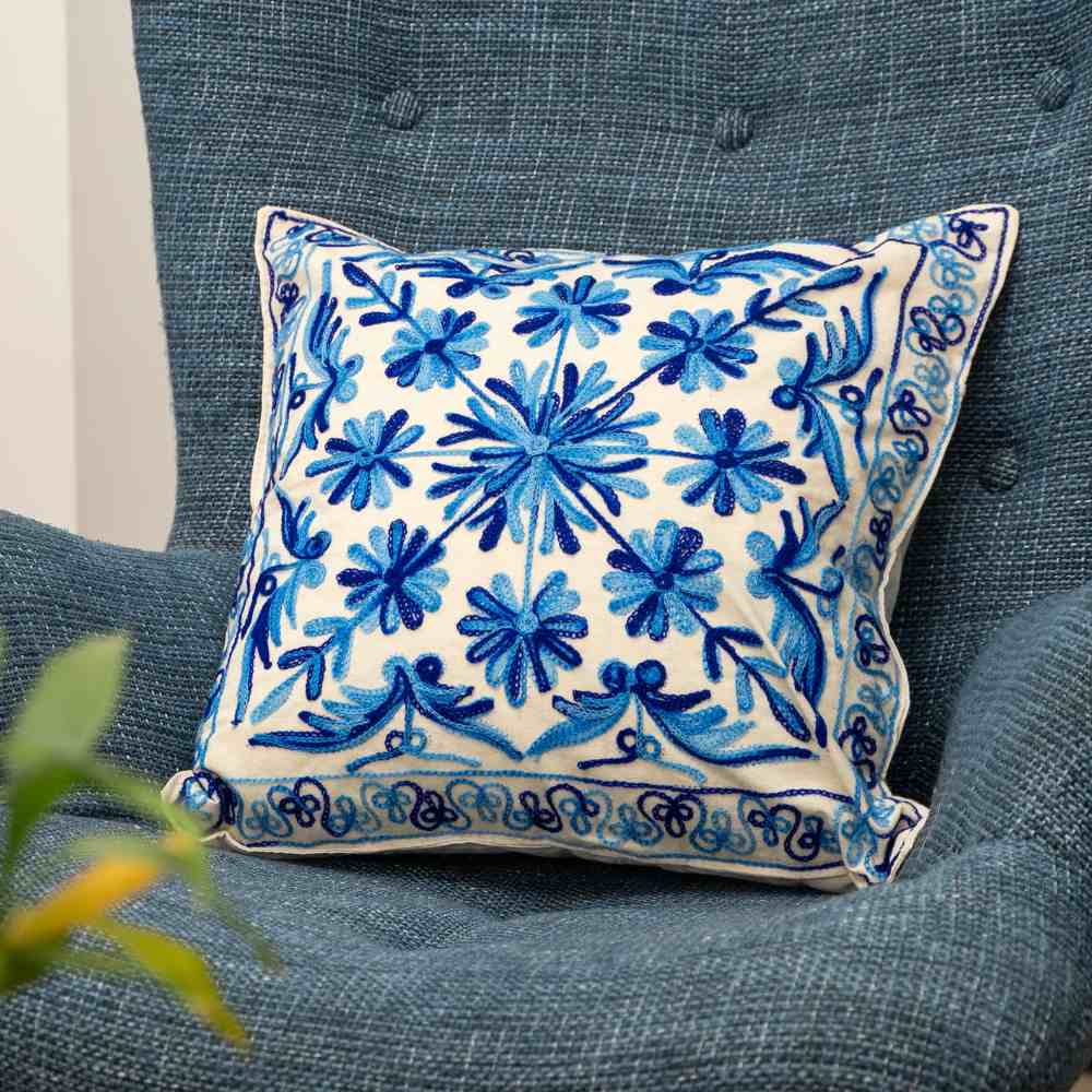 Blue Bliss Aari Embroidery Cushion Cover (Set of 2)