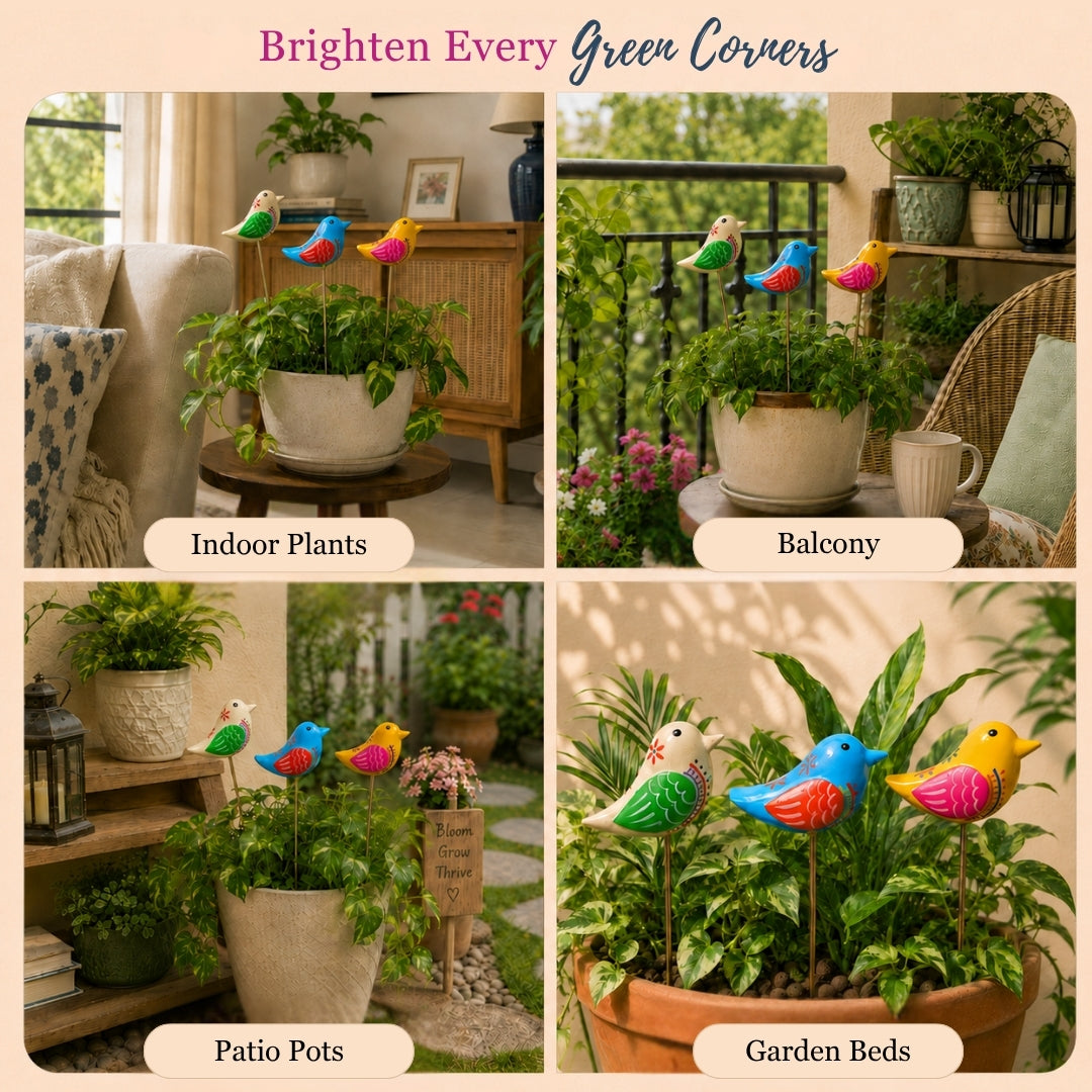 Chirpy Bird Wooden Garden Stake (Set Of 3)